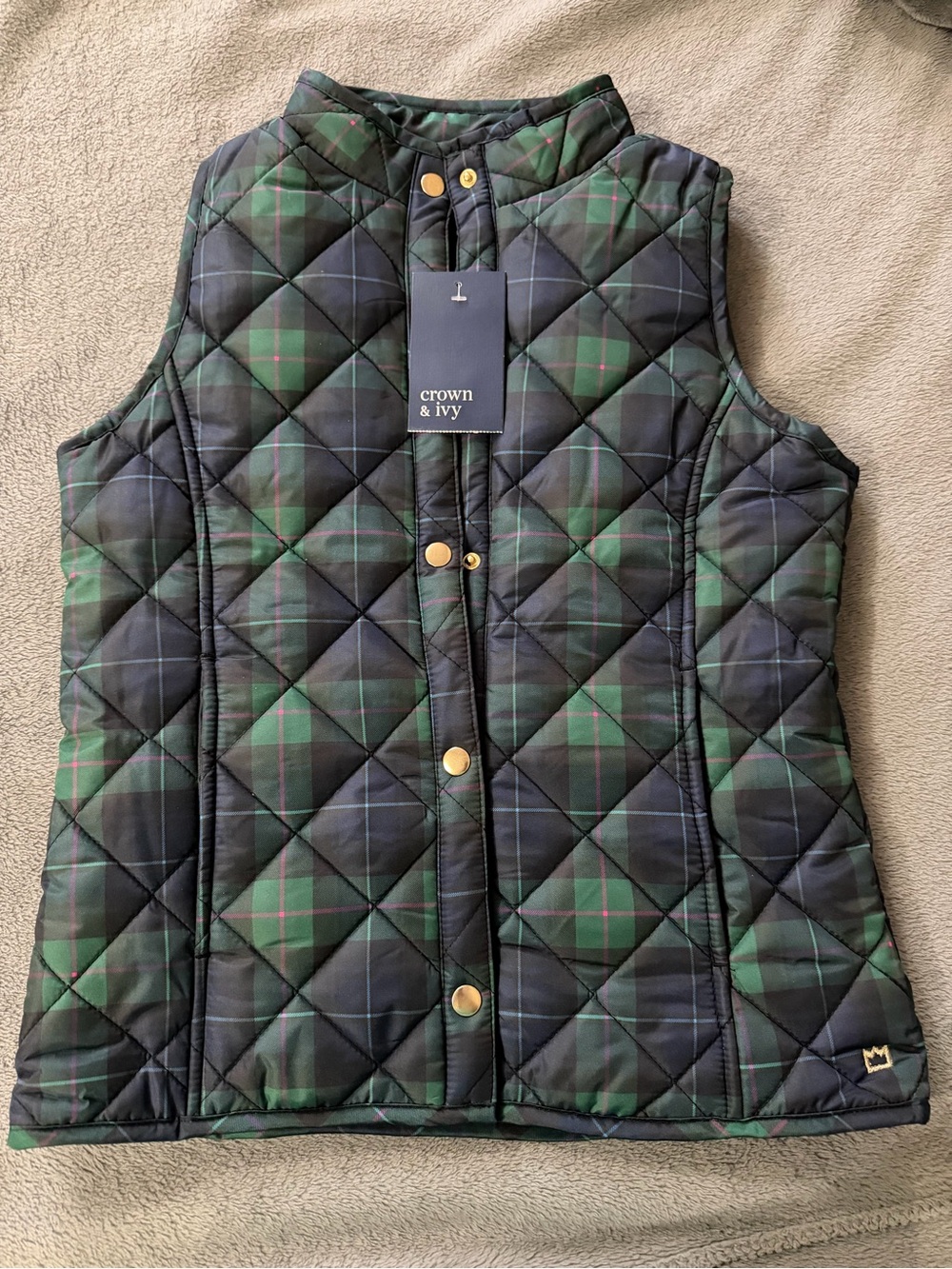 crown & ivy Girls Quilted Black and Green Plaid Vest with Gold Buttons